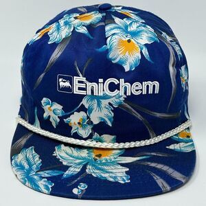 Vintage 90s EniChem Hawaiian Hat Baseball Cap Floral Rope Cord Snapback Blue